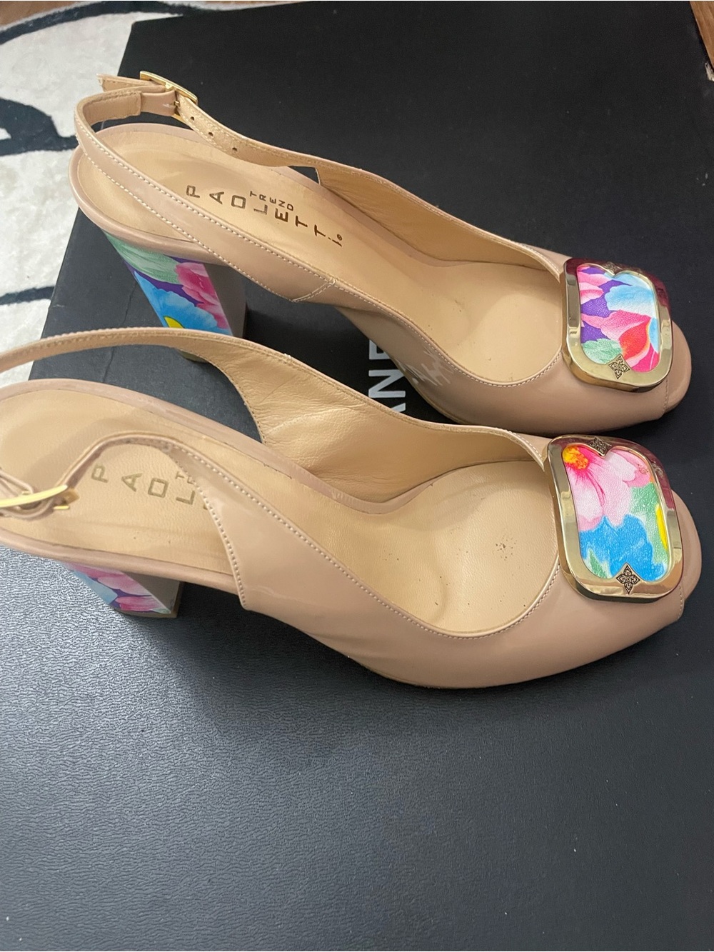 Nude Pink Floral Accent Slingback Heels